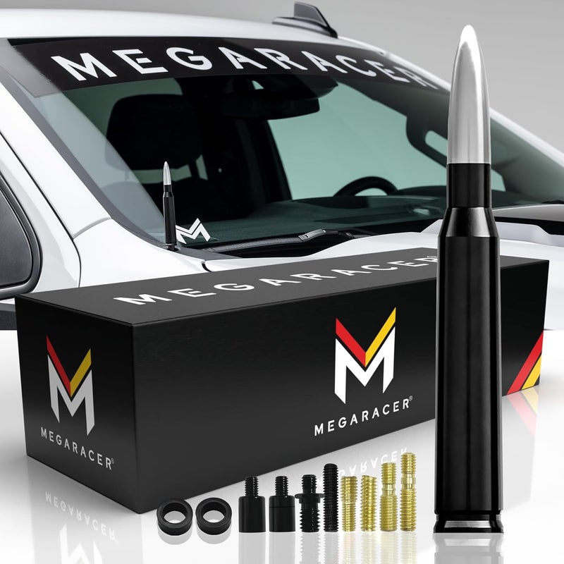 Mega Racer Universal 50 Cal Bullet Antenna for Truck Car SUV - 5.5 Inch Silver Black, AM/FM, 6061 Solid Aluminum, Car Wash Safe, Antenna Replacement, Truck Accessories - Image 1